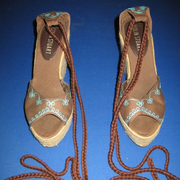 Colin Stuart Lace Up Espadrille Platform Wedges Size 8 Brown Turquoise Boho - Picture 3 of 7